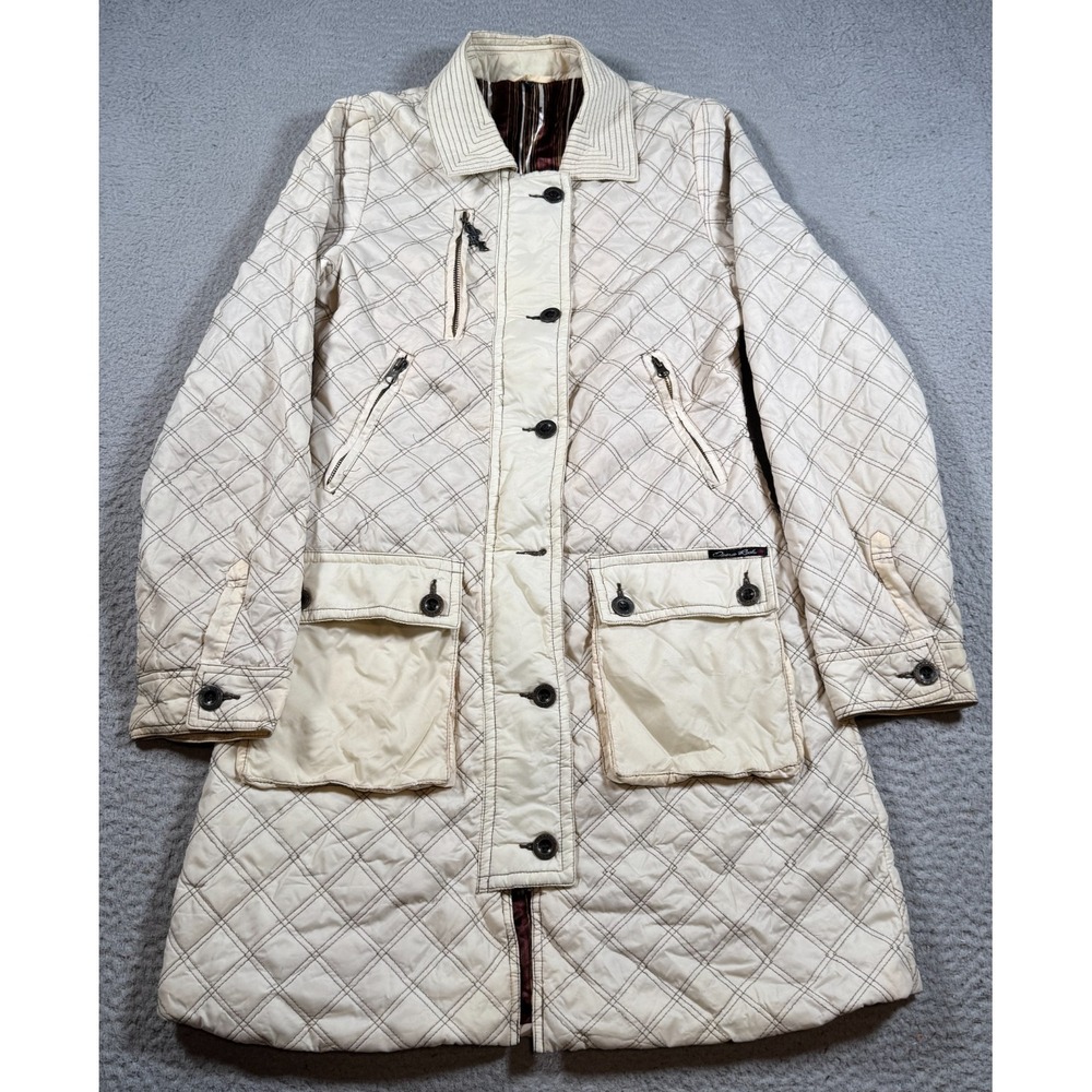 OPRK Coat Womens Large Beige‎ Long Quilted Polyester Full Zip Collared Pockets